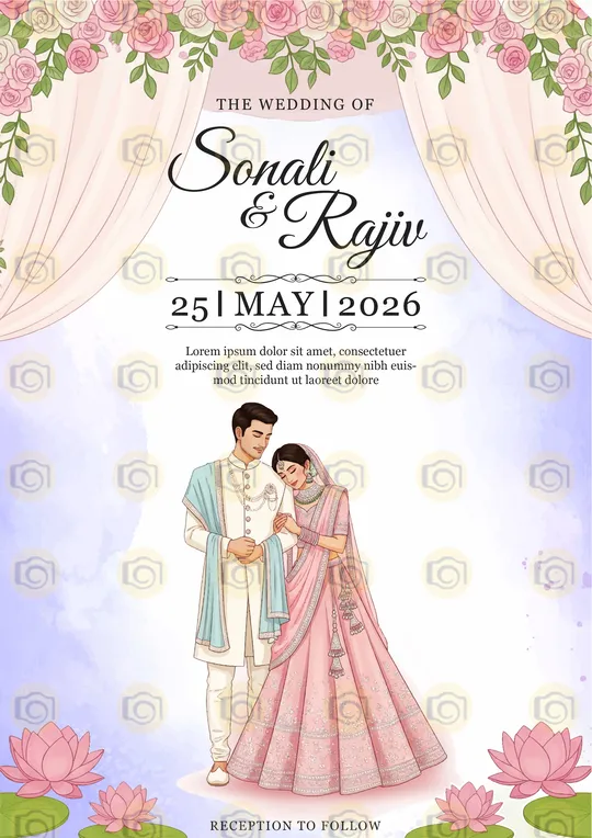 Traditional Wedding Invitation Card Displaying A Couple In Cultural Attire, Surrounded By Decorative Floral Elements